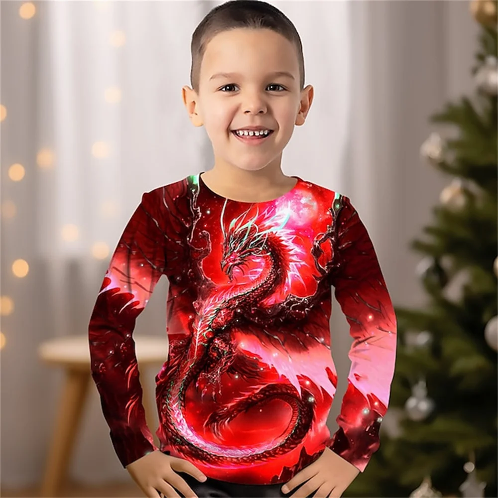 Children\'s Boy\'s Clothing Chinese Dragon 3d Print Long Sleeve T-Shirt Kids Tee Shirts Blue Teenagers From 4 To12 Years Tshirts