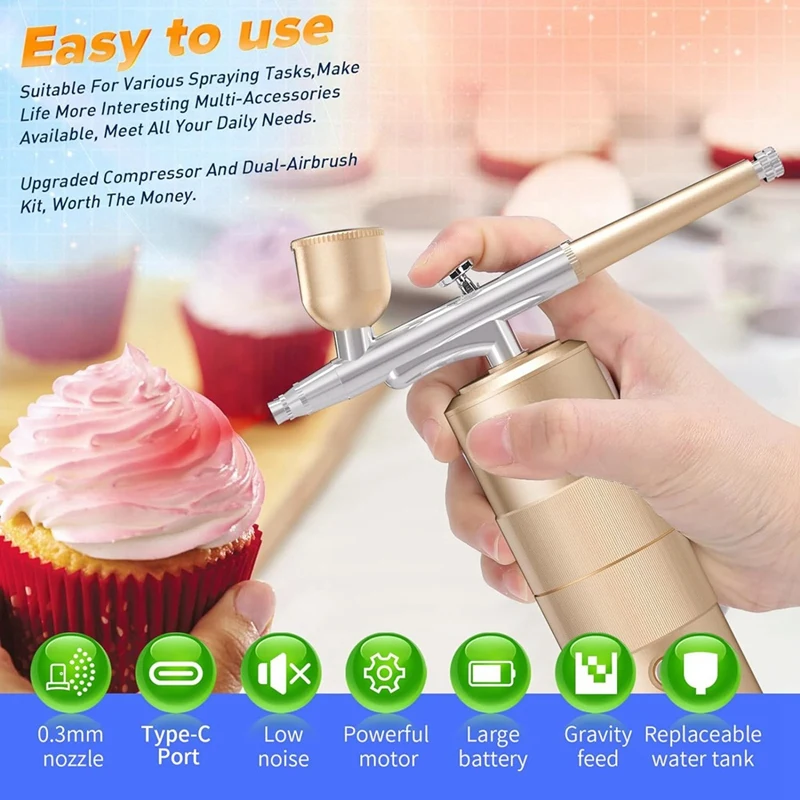 Airbrush Kit With Compressor High Pressure Airbrush Set With 0.3Mm Nozzle Airbrush For Nails, Makeup Easy To Use ,Gold