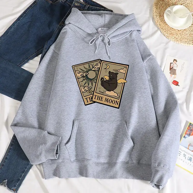 Tarot Bear And Moon Print Hooded Female Fashion Soft Fleece Hoodie Autumn Oversize Sweatshirts Loose Casual Versatile Streetwear