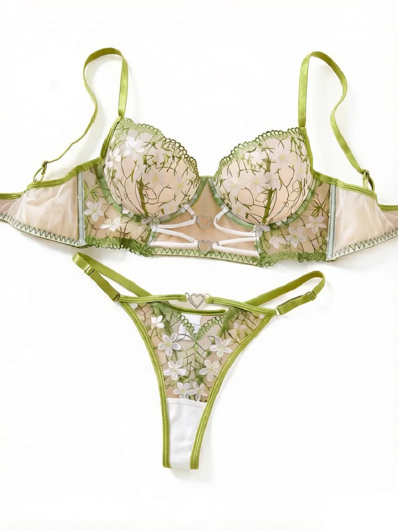 Women Green Daisy Floral Embroidery Lingerie Set Sheer Mesh Heart Metal Buckle Underwire Bra & Thong 2‑Piece Intimate Underwear