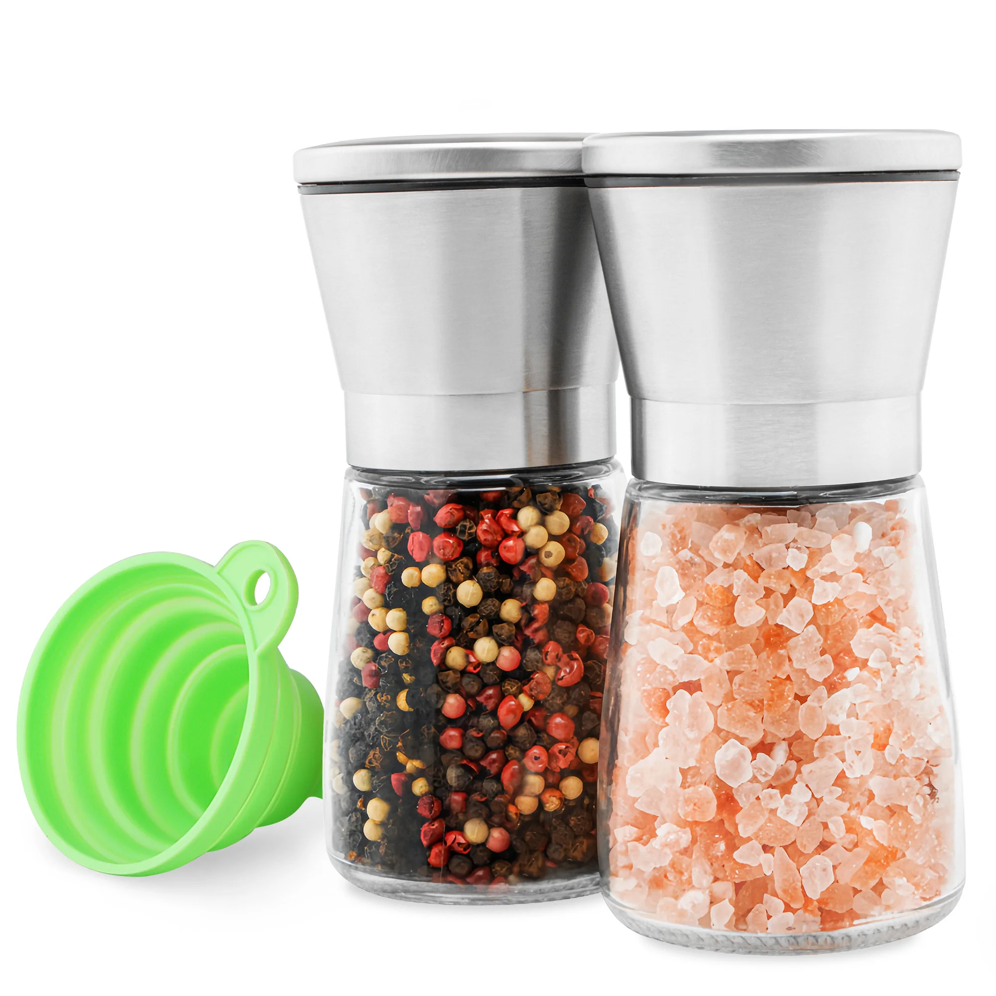 Juego de molinillo de sal y pimienta de acero inoxidable: coctelera de vidrio corta, molinillo de pimienta y molinillo de sal con grosor ajustable, recargable