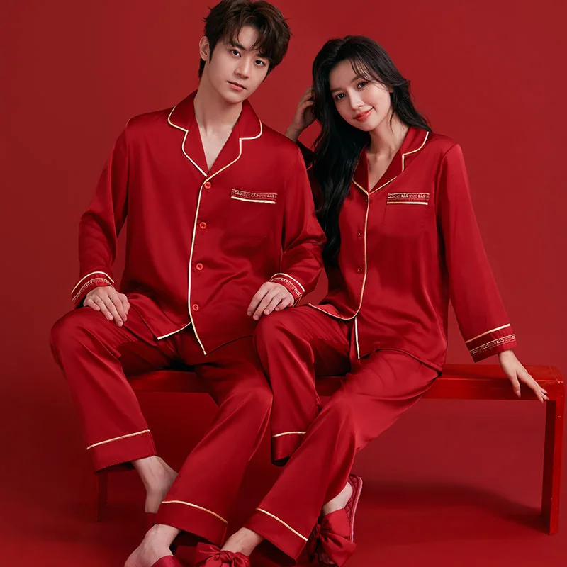 

Autumn Winter Couple Ice Silk Two Piece Set Pajamas Women Men Wedding Nightwear Sleepwear Home Clothes