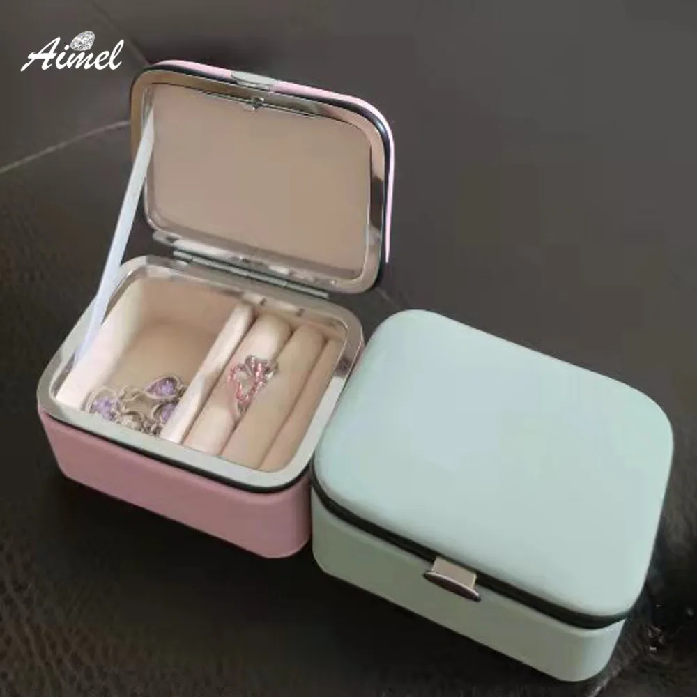 

PU Leather Ring Earrings Jewelry Storage Box Chain Diamond Ring Organizer Pendant Stud Travel Case Beads Gift Box Pink Green Red