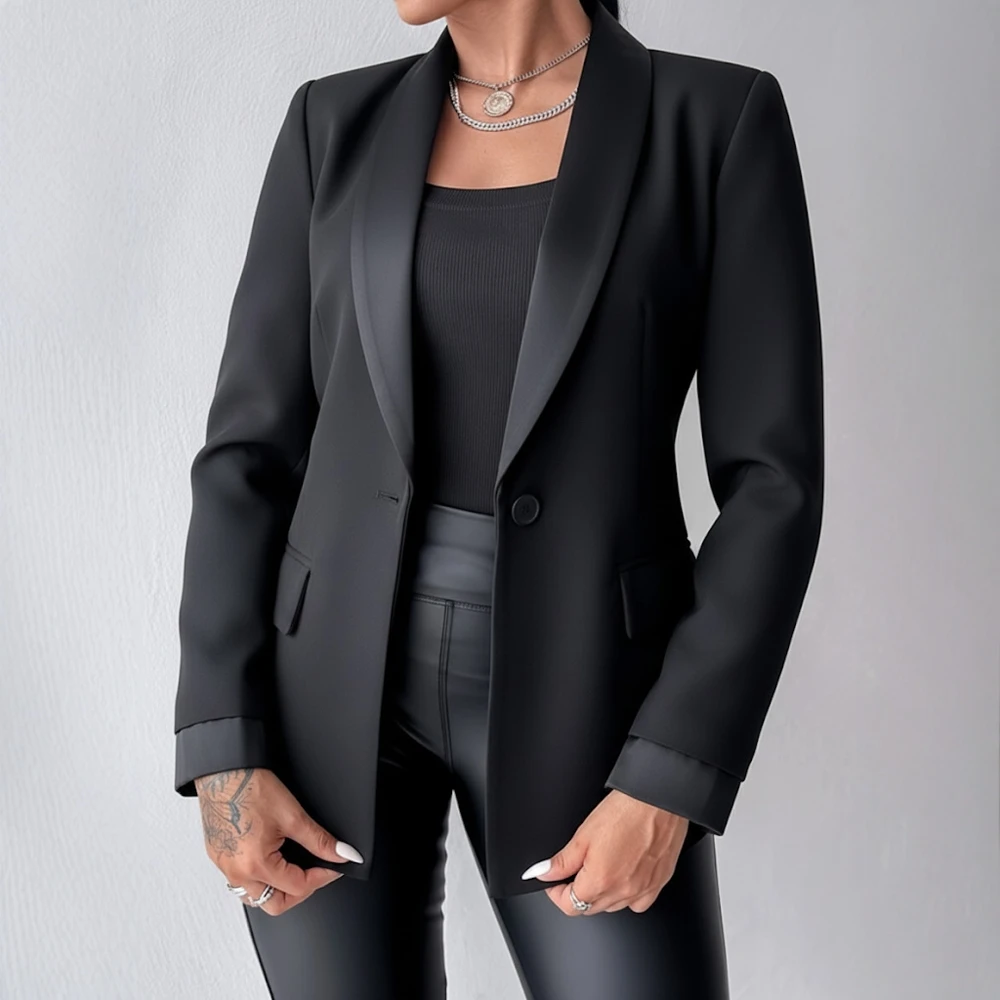 ชุดสูทลำลองแขนยาวทรงตรงสำหรับผู้หญิง ฤดูใบไม้ร่วง ฤดูหนาว แฟชั่นทันสมัย สวมใส่สบาย ไม่มีการตกแต่ง