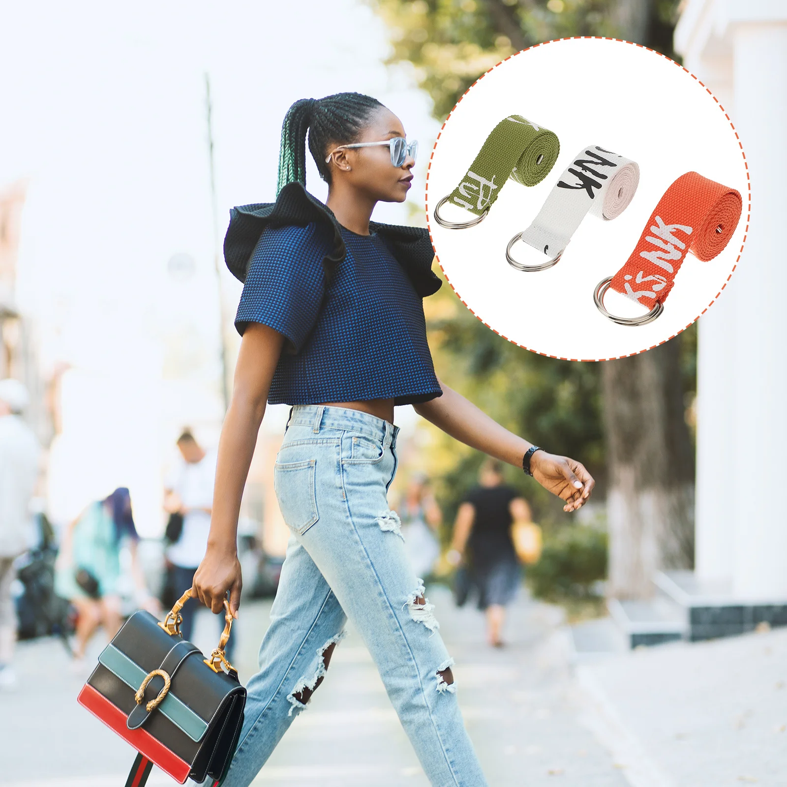 

3Pcs Printed Canvas Waist Belt Double Loop Buckle Fashion Waistband Apricot Green Orange Waist Belt for Jeans Shorts Trousers