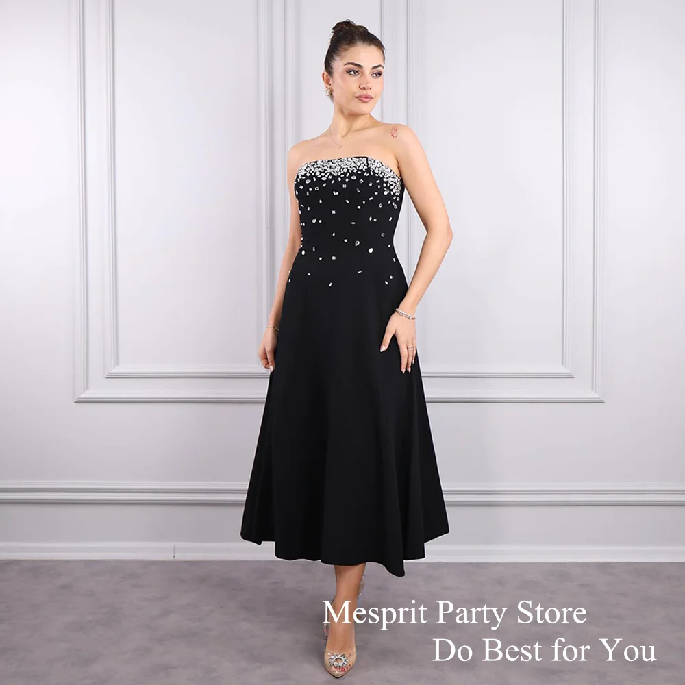 Crystal Prom Dress Strapless Customized Rhinestone A Line Satin Cocktail Party Dresses Saudi Black Evening Gown for Woman