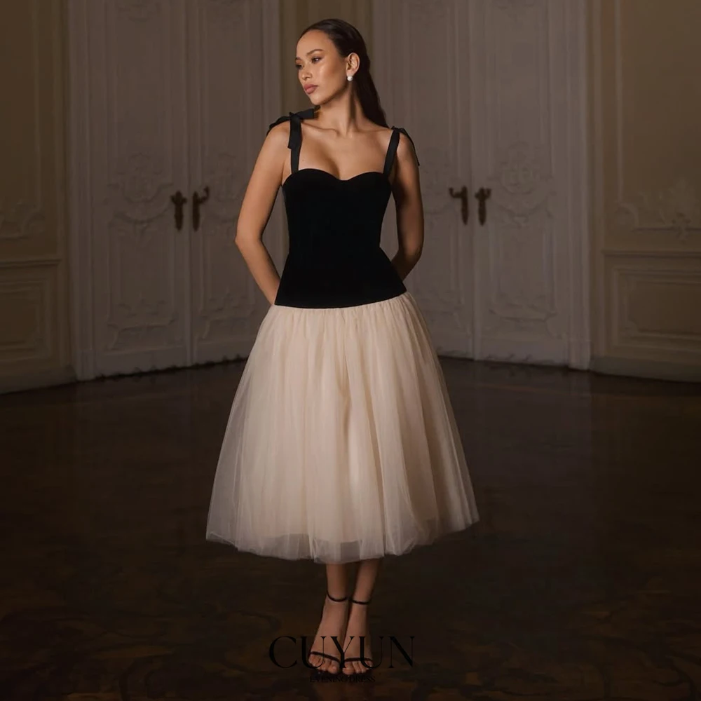 

CUYUN vestidos de fiesta Spaghetti Straps Contrast Color Prom Dresses Customized Tea-Length Women Party Dresses Summer Dresses