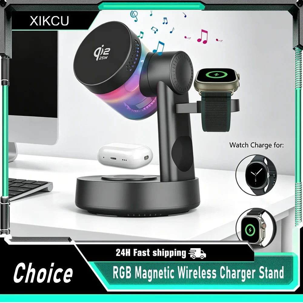 

QI2 25W 5.3 Bluetooth Speaker 25W Magnetic Fast Wireless Charger with Alarm Clock For iPhone 17-12 Pro Max Apple Watch Airpods