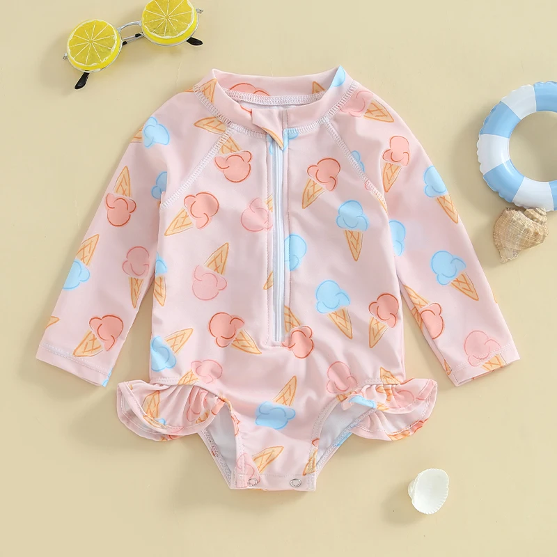 

VISgogo купальник для маленьких девочек, купальный костюм на молнии с мороженым/креветками/клубничным принтом и длинными рукавами