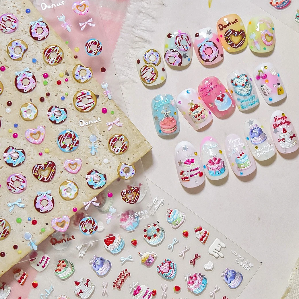 

Birthday Cake Donut Bowknot Fork Apple Cherry Watermelon Peach Summer Kiwi Lemon Candy Colorful Food Nail Art Stickers DIY Decal