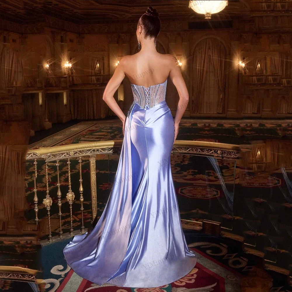 럭셔리 이브닝 드레스 2025 스트랩리스 머메이드 새틴 파티 드레스 트레인 사이드 슬릿 포함 맞춤형