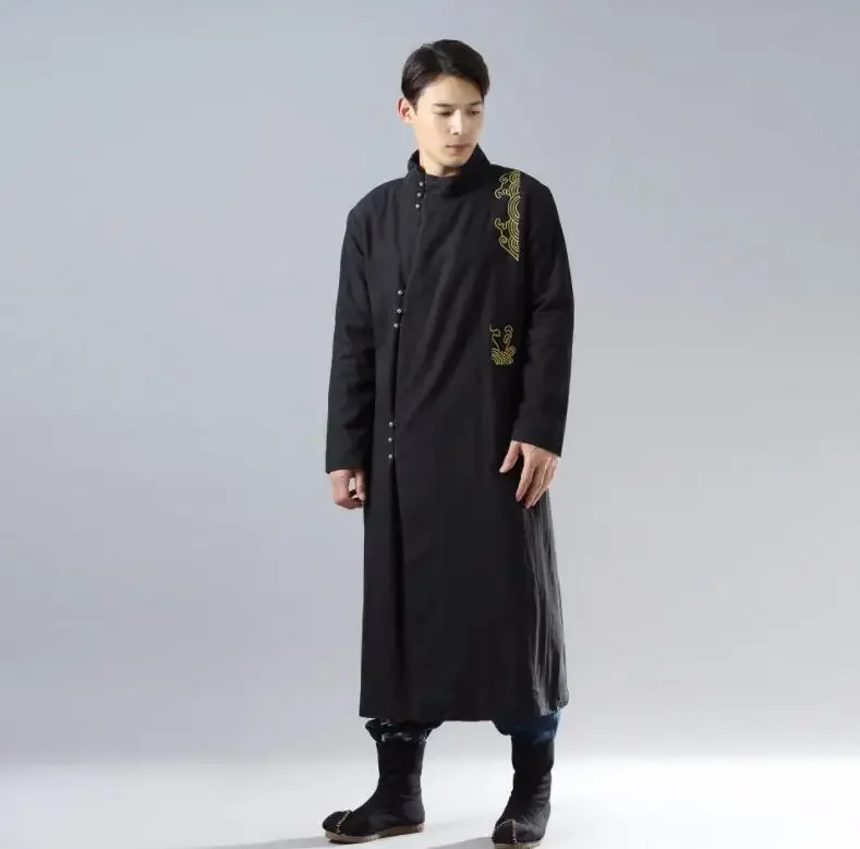 

Spring winter men's cotton ramie chenille Long robe silver buckle gold embroidered Large lammy Linen Cotton chinese long gown