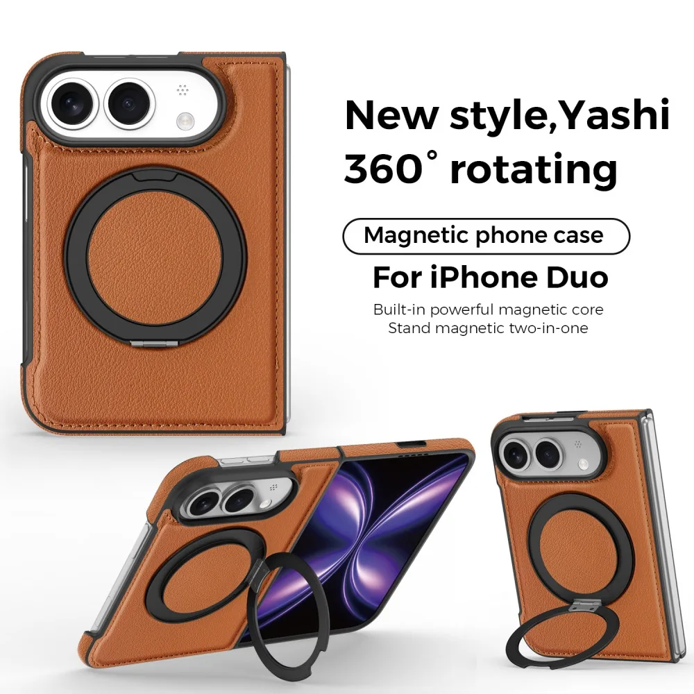 Fashion Solid Color Leather Magnetic Wireless Charging Folding Phone Cover for iPhone Duo with 360° Rotatable Ring Holder