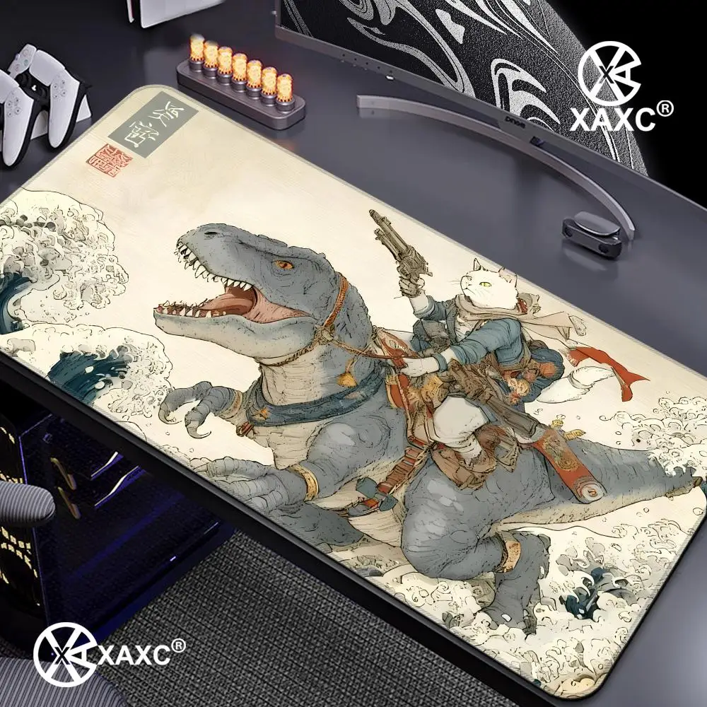 

Cat Rides a T-Rex Mouse Pad Large Computer Office Game Table Mat XXL Rubber Non-slip Stitched Edge Keyboard Mat Long Pad HYBXXC