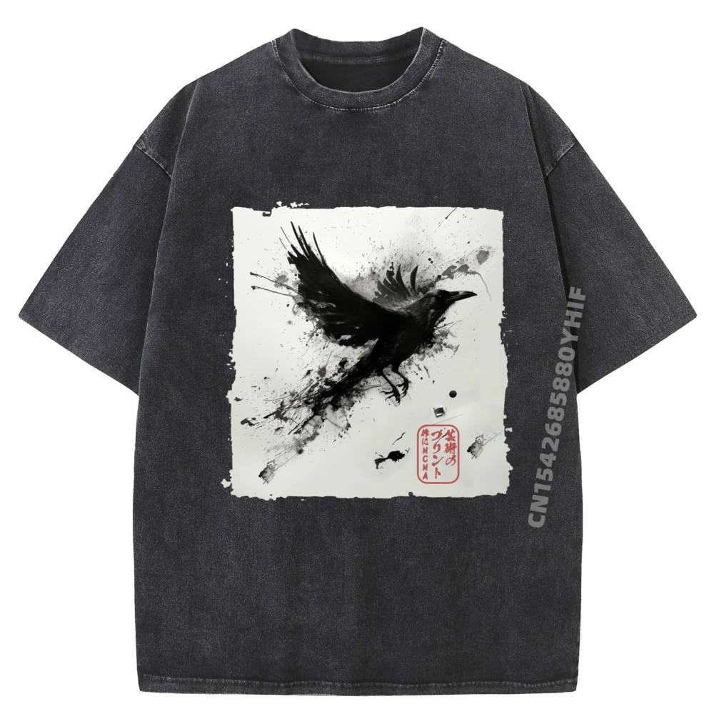 

Japanese Art Ink Grpahic Tee Men's Vintage Washed T-Shirts Mens Tops Summer Classic Printed Clothes Loose