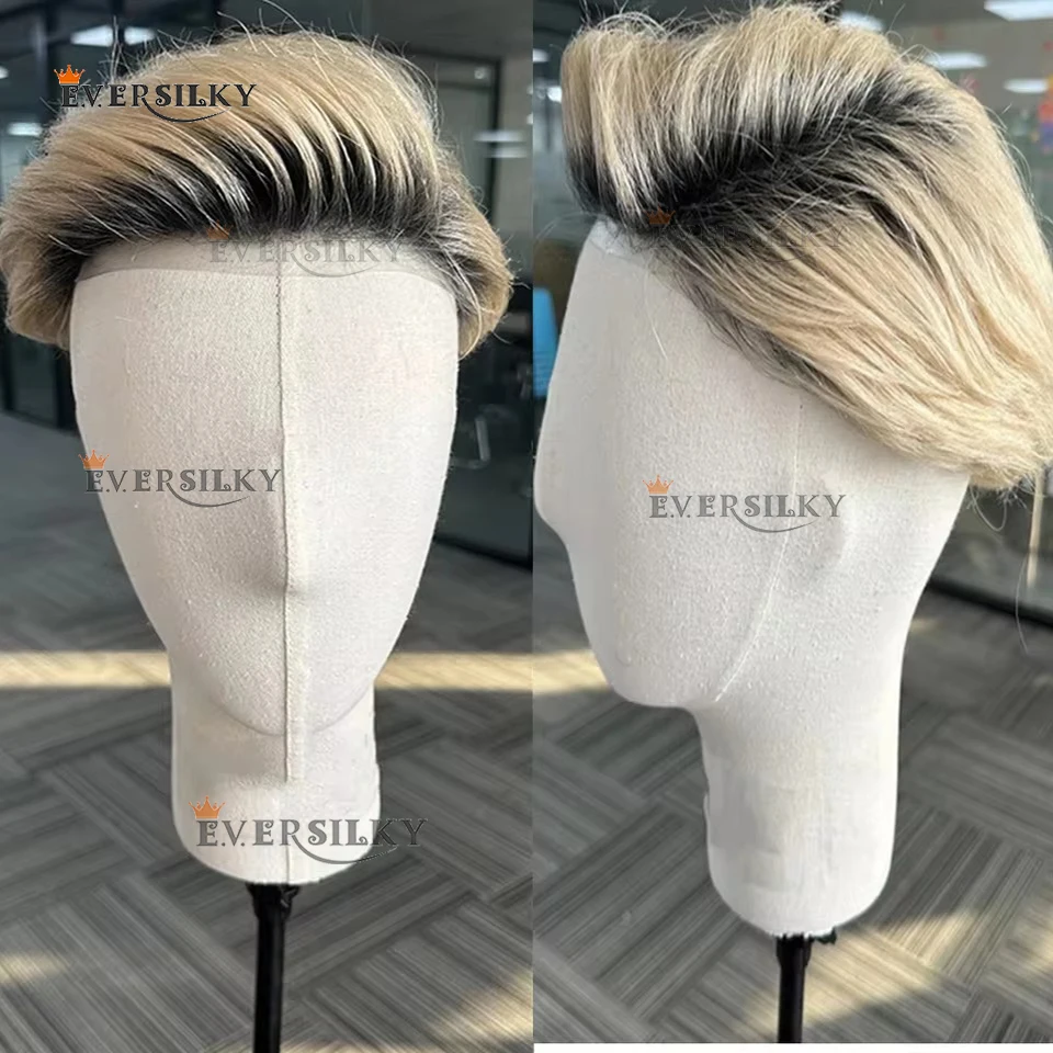 جذور براون أومبير شقراء 4T/613 شعر بشري أوروبي للرجال شعر مستعار غير قابل للاكتشاف خط شعر طبيعي 0.06 مللي متر رقيقة جدا بولي PU هيربيسي #2