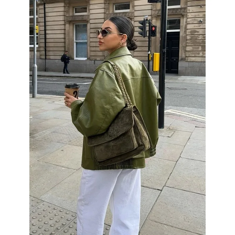 Blousons Bomber en Cuir à Revers Tendance pour Femme – Manteaux à Manches Longues avec Poches Zippées Unies, Coupe Oversize Chic Urbaine