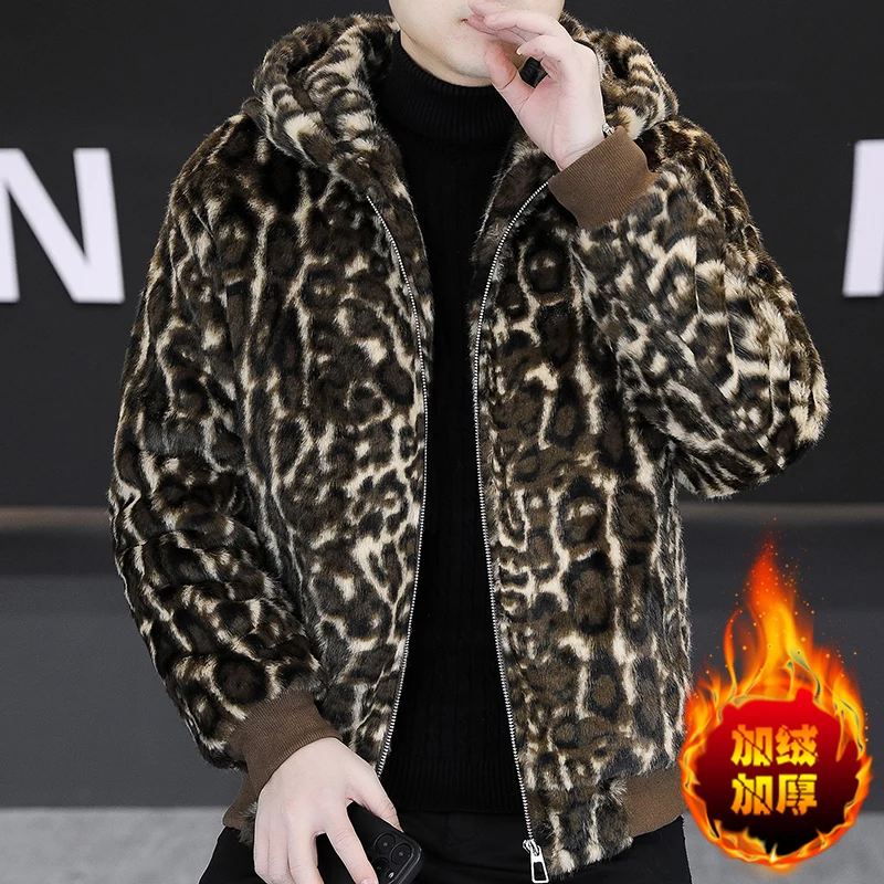 

Trendy Winter Leopard Print Faux Fur Jacket for Men Thick and Warm Faux Fur Coat Casual Business Hooded Street Wear Overcoat
