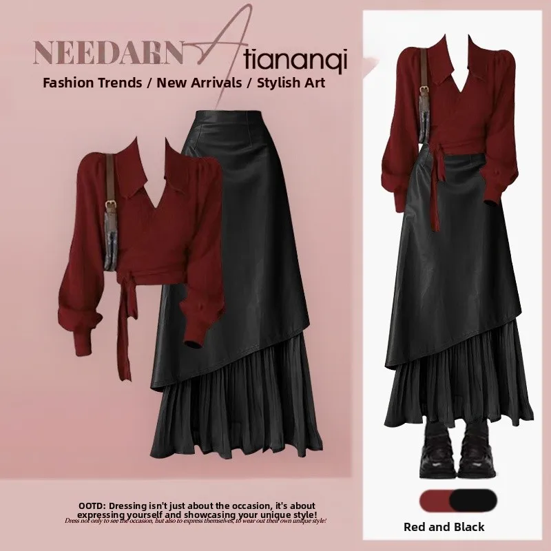 

2026 New Vintage Aosphere Wine Red Knitted Top High Waist Skirt Two-Piece Set Women's Faion Autumn Winter Ensemble