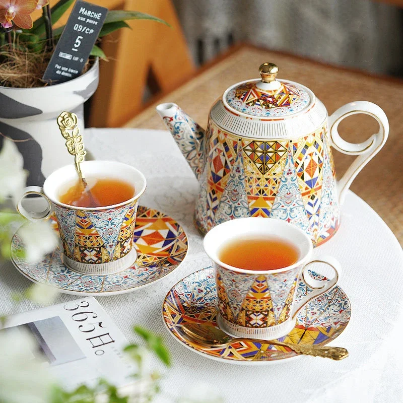 European Ceramic Coffee Cup and Saucer Set Exquisite Coffee Tea Pot with Kaleidoscope Pattern Print Casual Home Coffee Tea Ware