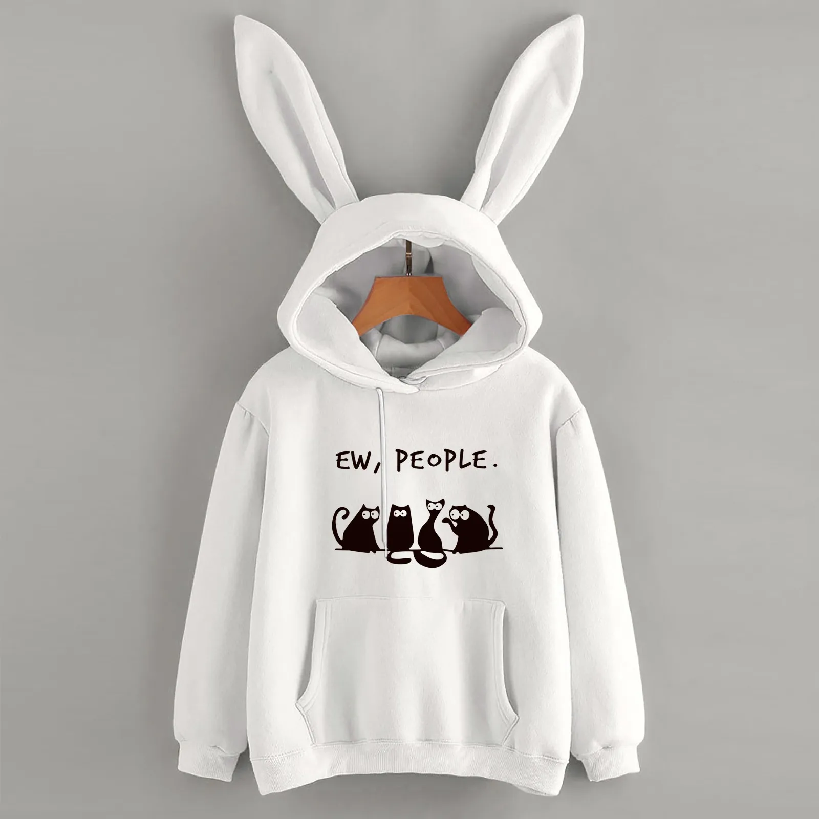 Fleece Sweatshirt Cute Rabbit Bunny Ears Cat Print Women Hoodie Coat Autumn Winter Drawstring Sweet With Pocket For Teen Girls