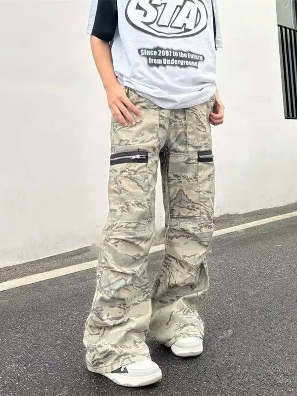 American Retro Camouflage Work Pants Men's Summer High Street Vibe Loose Straight Leg Wide Leg Casual Long Trousers Trendy