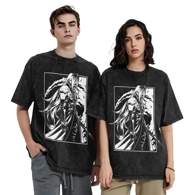 Game Final Fantasy Sephiroth Washed T Shirt Streetwear Hip Hop Vintage T-Shirt gaming Tees Tops Men Women Short Sleeve Harajuku