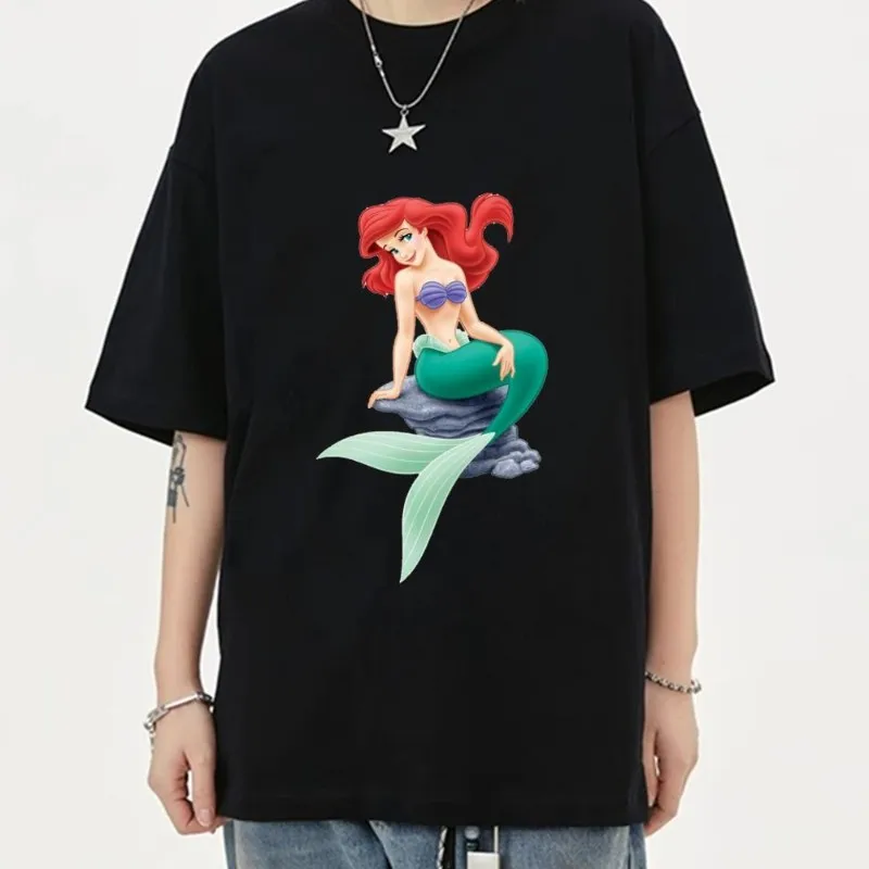 MINISO Disney Little Mermaid Ariel T Shirt Women Couple Clothes Short Sleeve Collar Fashion Man Cotton Summer Sporty