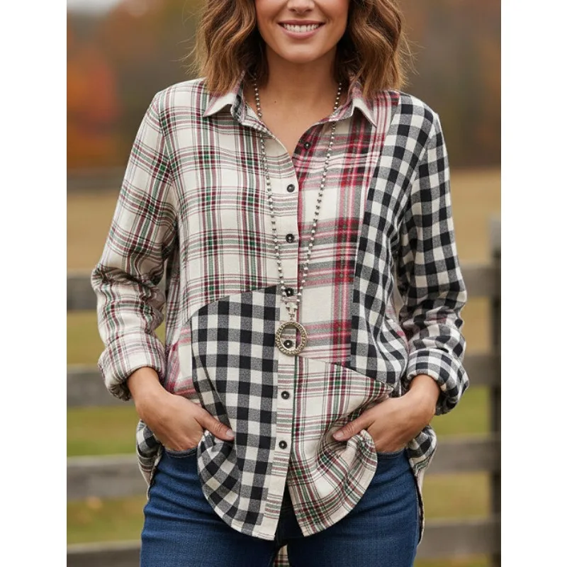 

Женская фланелевая рубашка в клетку с пэчворком, длинный рукав, отложной воротник, на пуговицах, повседневная, свободного кроя