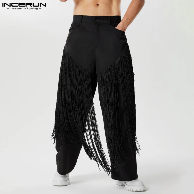 

INCERUN 2024 American Style Pantalons Men Fashion Patchwork Irregular Tassel Pants Male Casual Solid Straight Leg Trousers S-5XL