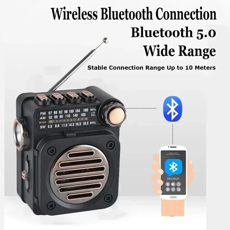 Portable FM Radio Mini Pocket FM AM SW Radios Receiver Built-in Speaker Wireless Bluetooth 5.0 Music Player with LED Flashlight