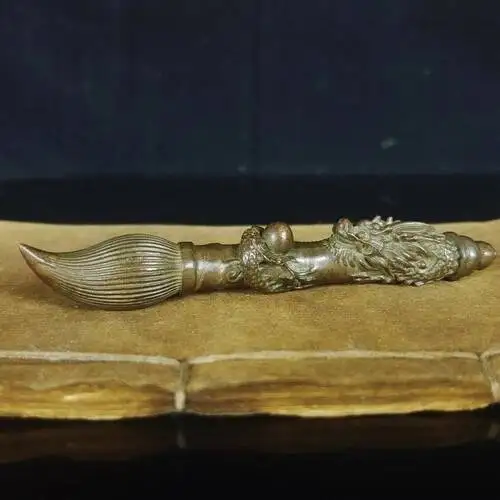 Chinese Antique Bronze Panlong Pen Decorative Statue