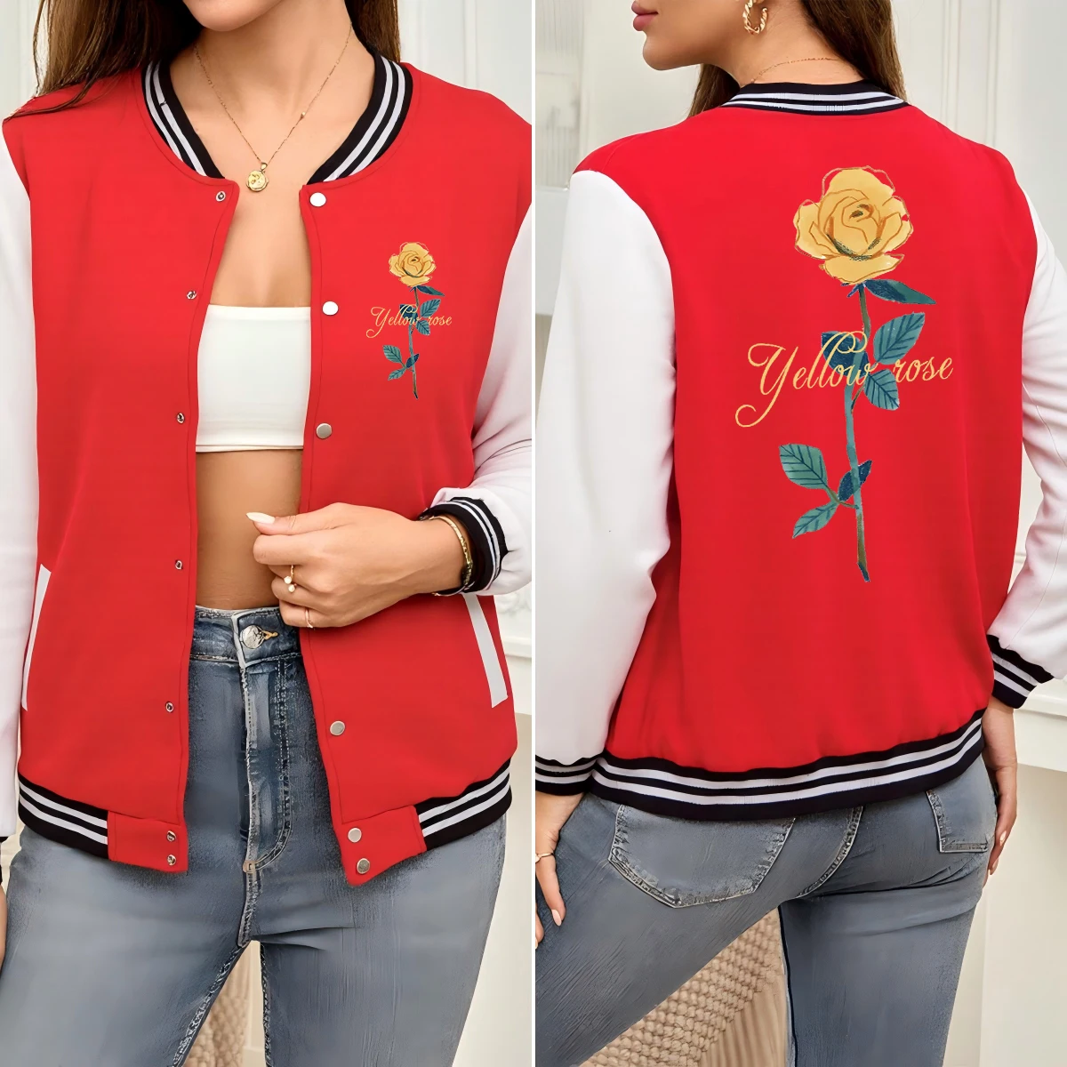 

Beautiful Yellow Rose Flower Printed Jackets Women American Cotton Baseball Uniform Autumn Loose Sportswear Soft Clothes