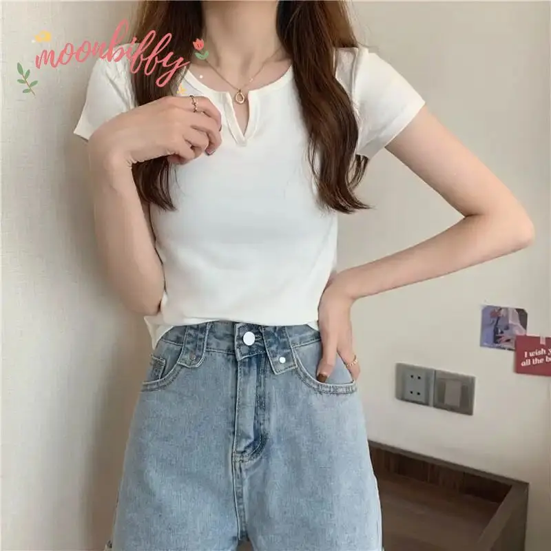 Short V-neck Design Slim Fit Top Women Summer Exposing Belly Pure Color Short Sleeve T-shirt Sexy Women Clothing Trend