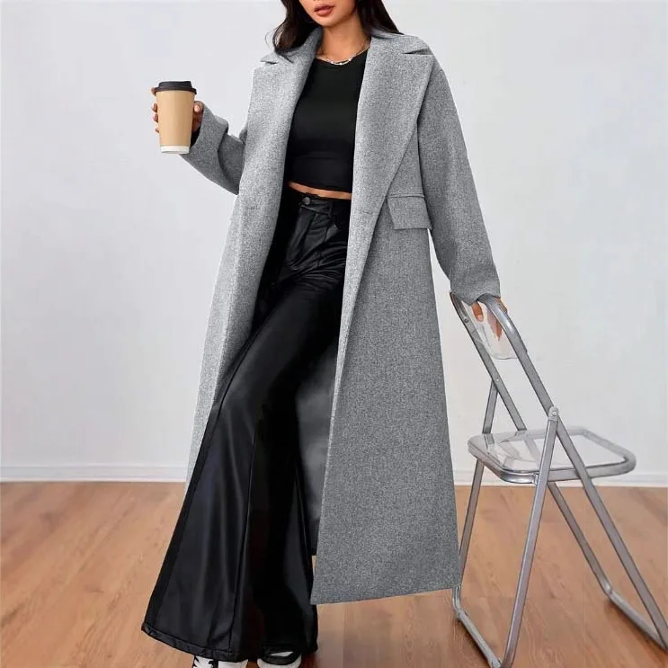 

2025 Women's Autumn and Winter New Woolen Coat Fashionable and Elegant Long Sleeved Lapel Long Loose Jacket
