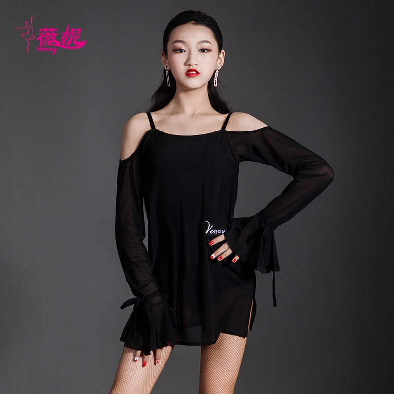 

Vennystyle платье для латинских танцев женское сетчатое трико с открытыми плечами и длинными рукавами для бальных танцев и выступлений