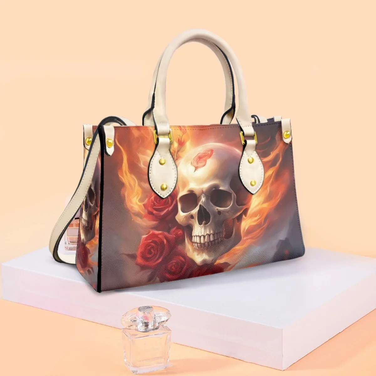 

Fashion Luxury Handbags for Female Halloween Scary Skull Flame Pattern Fashion Leather Tote Bags Personalized Ladies Hand Bag