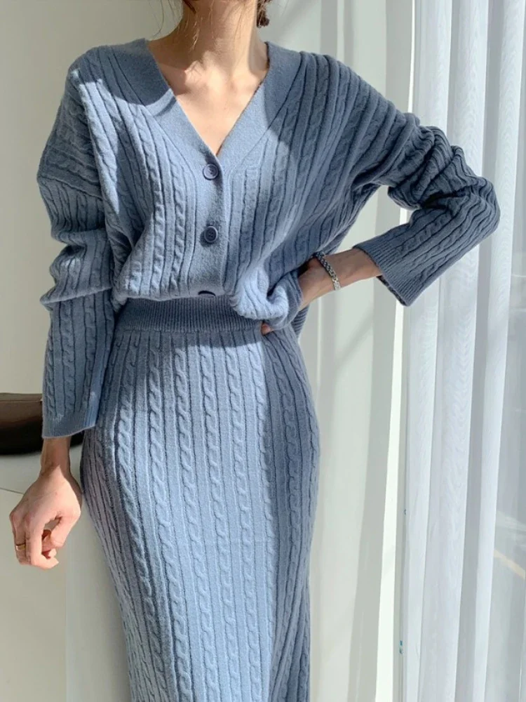 Women Full Sleeve Coats Korean Sweaters V Neck Cardigan Loose Two Piece Sets Solid Knitted Package Hip Skirt Set 2024 Autumn