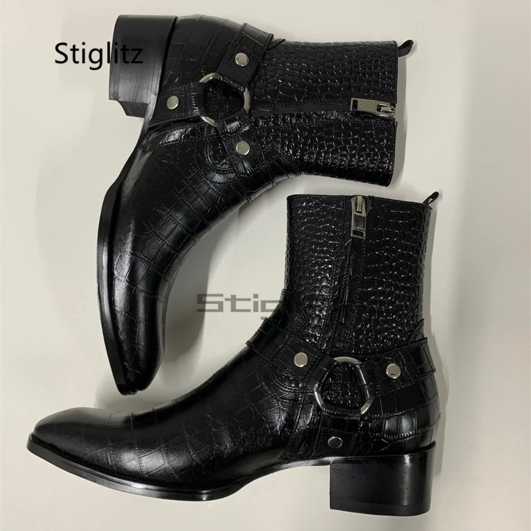 

Men's Black Crocodile Pattern Chelsea Boots Metal Ring Med Heel Ankle Boots Pointed Toe Side Zip Genuine Cow Leather Men Shoes