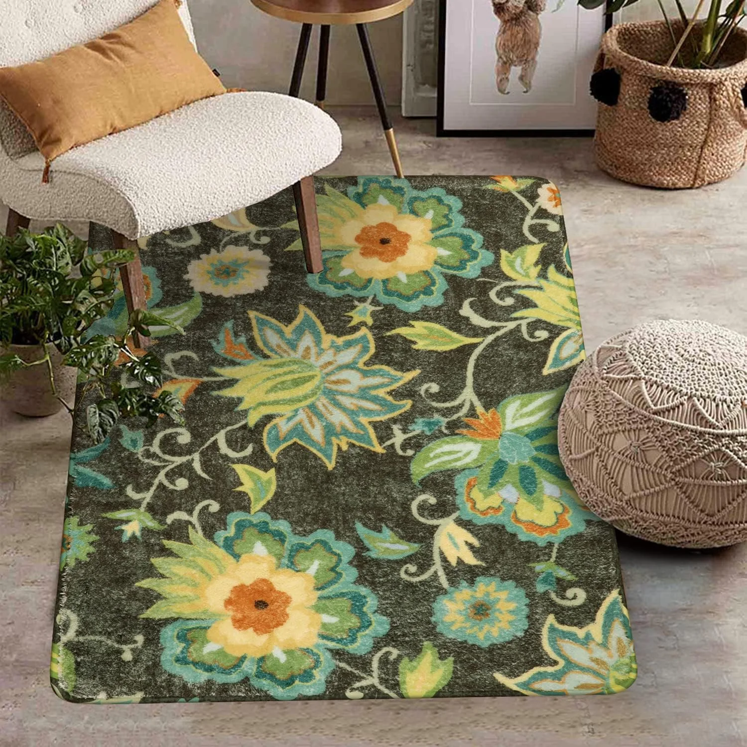 

Modern Floral Area Rug - Non-Slip Colorful Vintage Area Rug Accent Distressed Throw Rugs Floor Carpet for Living Room Bedrooms