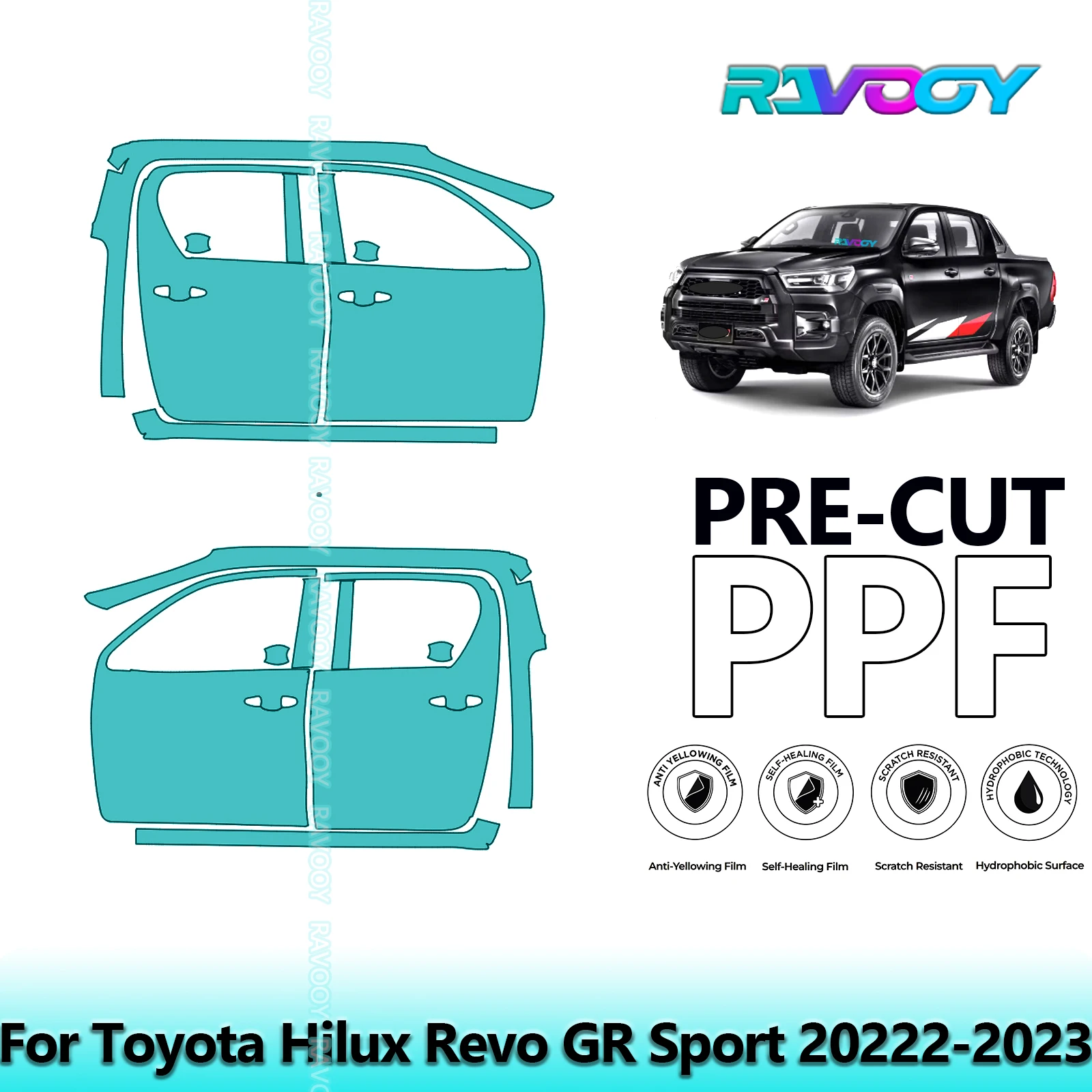 

For Toyota Hilux Revo GR Sport 20222-2023 8.5mil Clear Matte Pre-Cut PPF Door & A/B Pillar Kit TPU Paint Protection Film Set