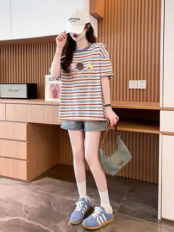 

Extra Large Size 300 Pounds Lace Splicing Stripe Short Sleeve T-Shirt Women Summer Loose Casual Pure Cotton Youthful Top