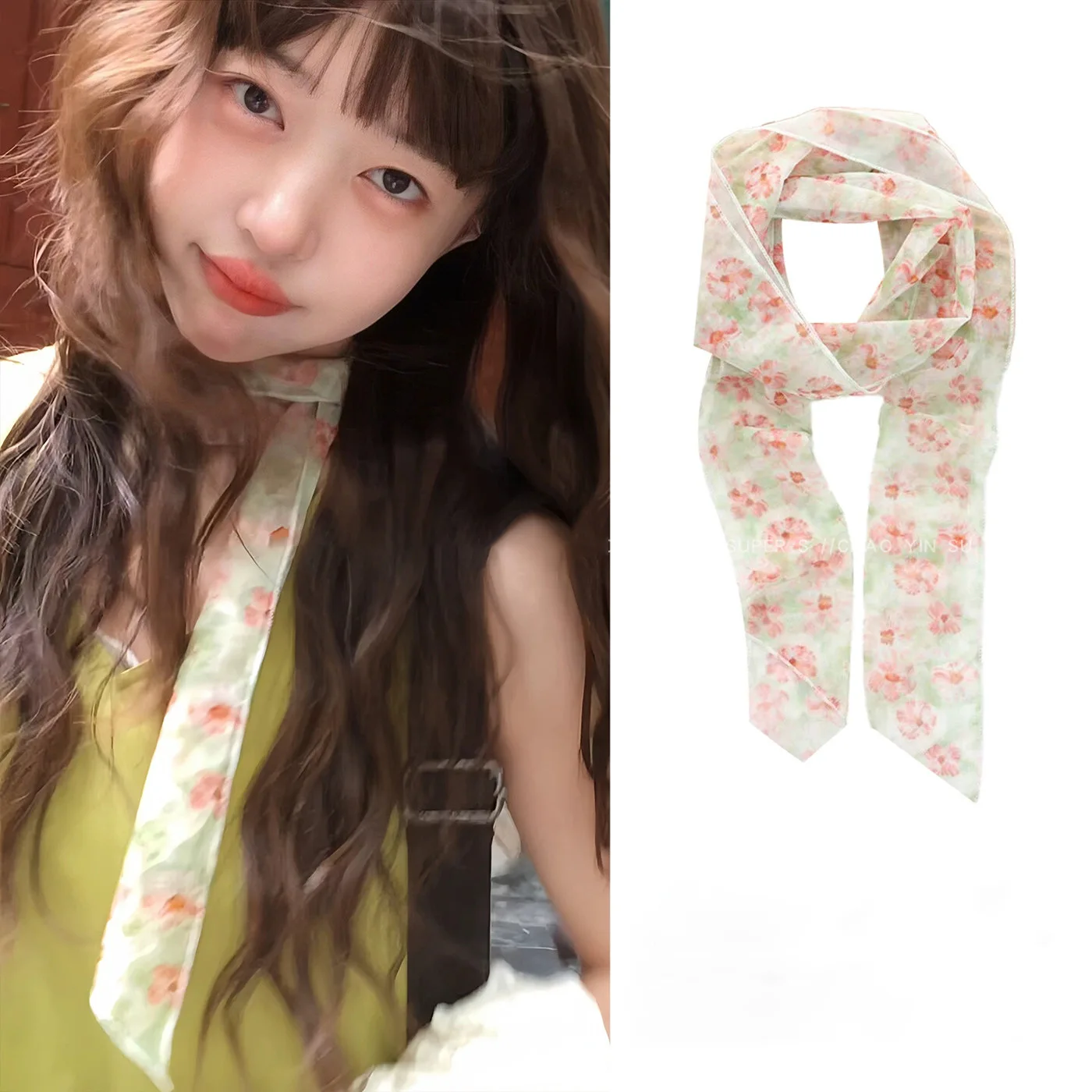 Fashion Boho Slim Floral & Plaid Scarf for Women Girls Lightweight Sheer Chiffon Neck Decoration Headband Versatile Accessories