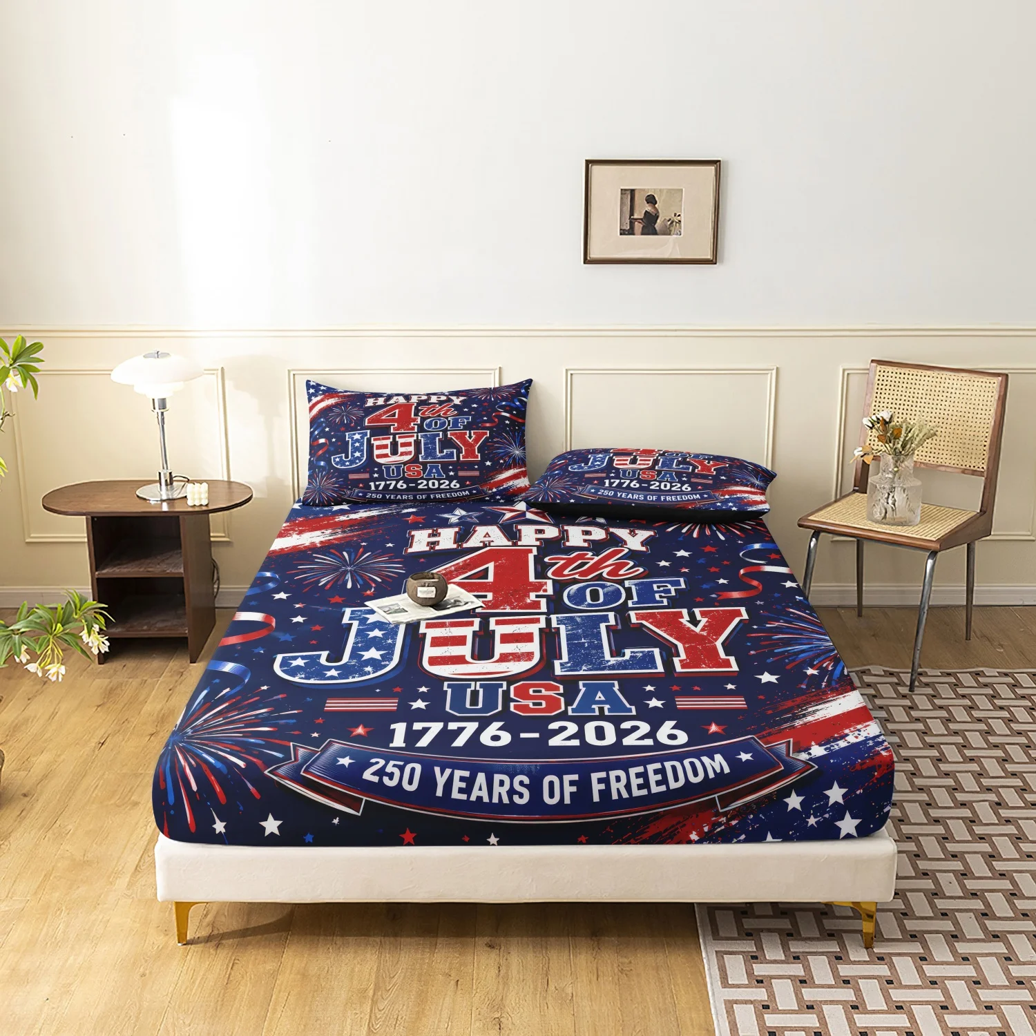 3 Pieces USA Anniversary Patriotic Print Fitted Sheet Set, Firework Star Flag Printed Bedding, For Bedroom Home Decoration