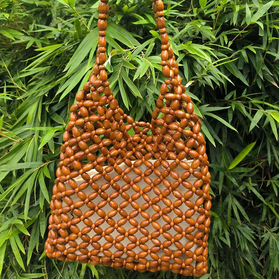 

Summer Wooden Beaded Woven Shoulder Bag for Holiday Travels Hollow-out Tote Bag Handmade Brown Hand Bag With Canvas Inner Bags
