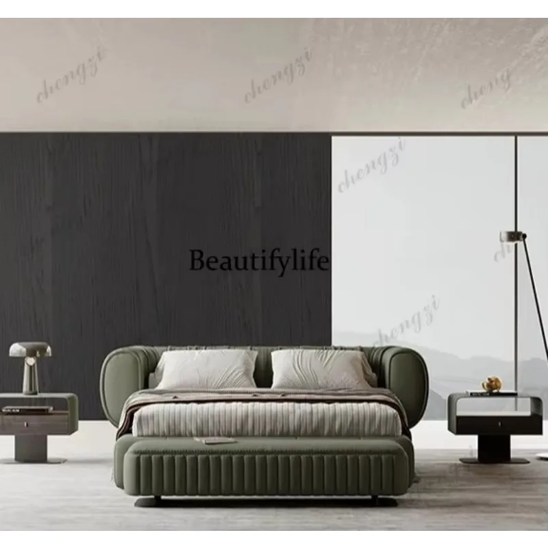 A74Superior master bedroom bed, Italian minimalist Nordic modern light luxury leather bed