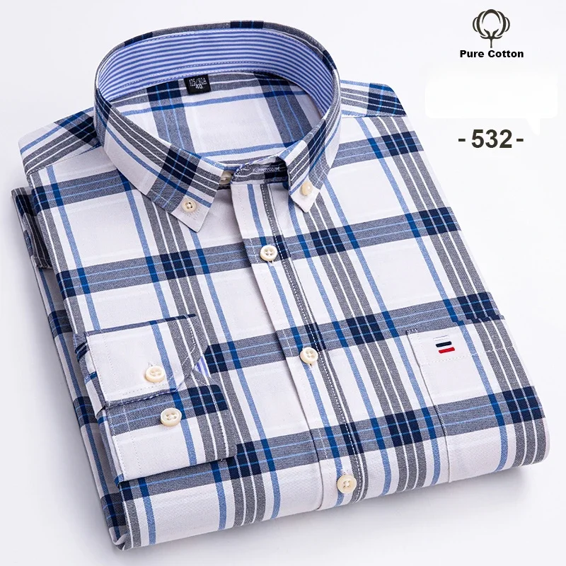 Camisas Oxford de manga comprida masculina, 100% algodão, slim fit, camisa lisa, elegantes casuais suaves, roupas de grife, moda, tamanho grande 7XL