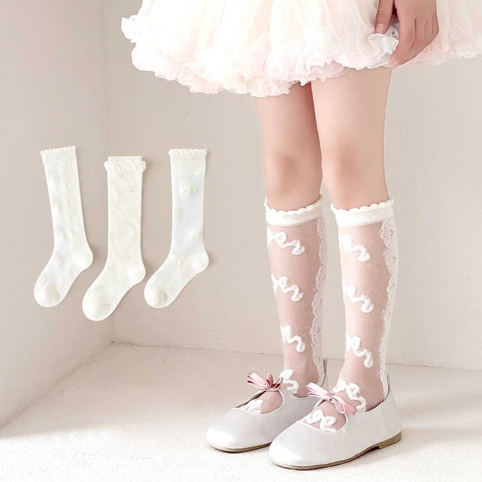 3 Pairs Girls Lace Socks Set Kids Summer Breathable Mesh Leggings Children Knee-high Stockings Baby Girl Cartoon Jacquard Tights