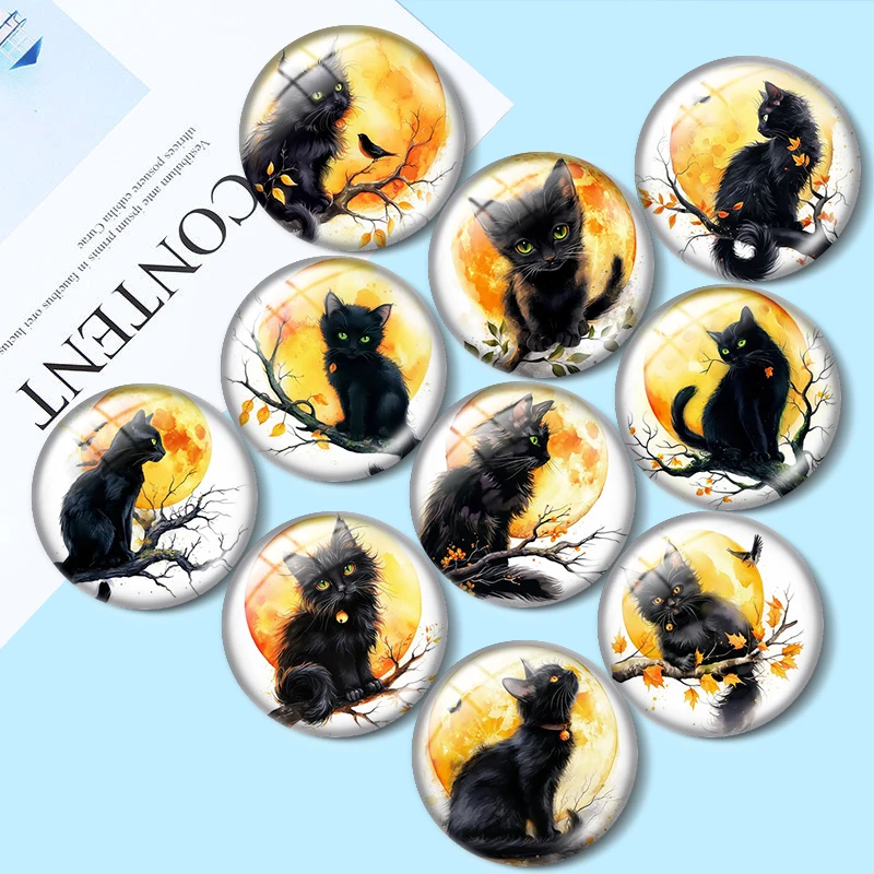 

Black Cat Moon 12/18/20/25mm glass cabochon bracelet pendant rings for jewelry demo earrings back Making findings