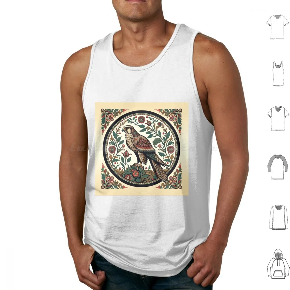 Regal Falcon In Ornate Floral Circle-Intricate Wildlife Art Tank Tops Print Cotton Falcon Art Intricate Floral Wildlife